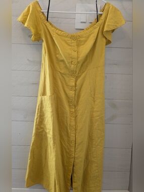 🌼 NEW Forever 21 Linen Mustard Off-Shoulder Button-Down Pocket Dress; Size: L
